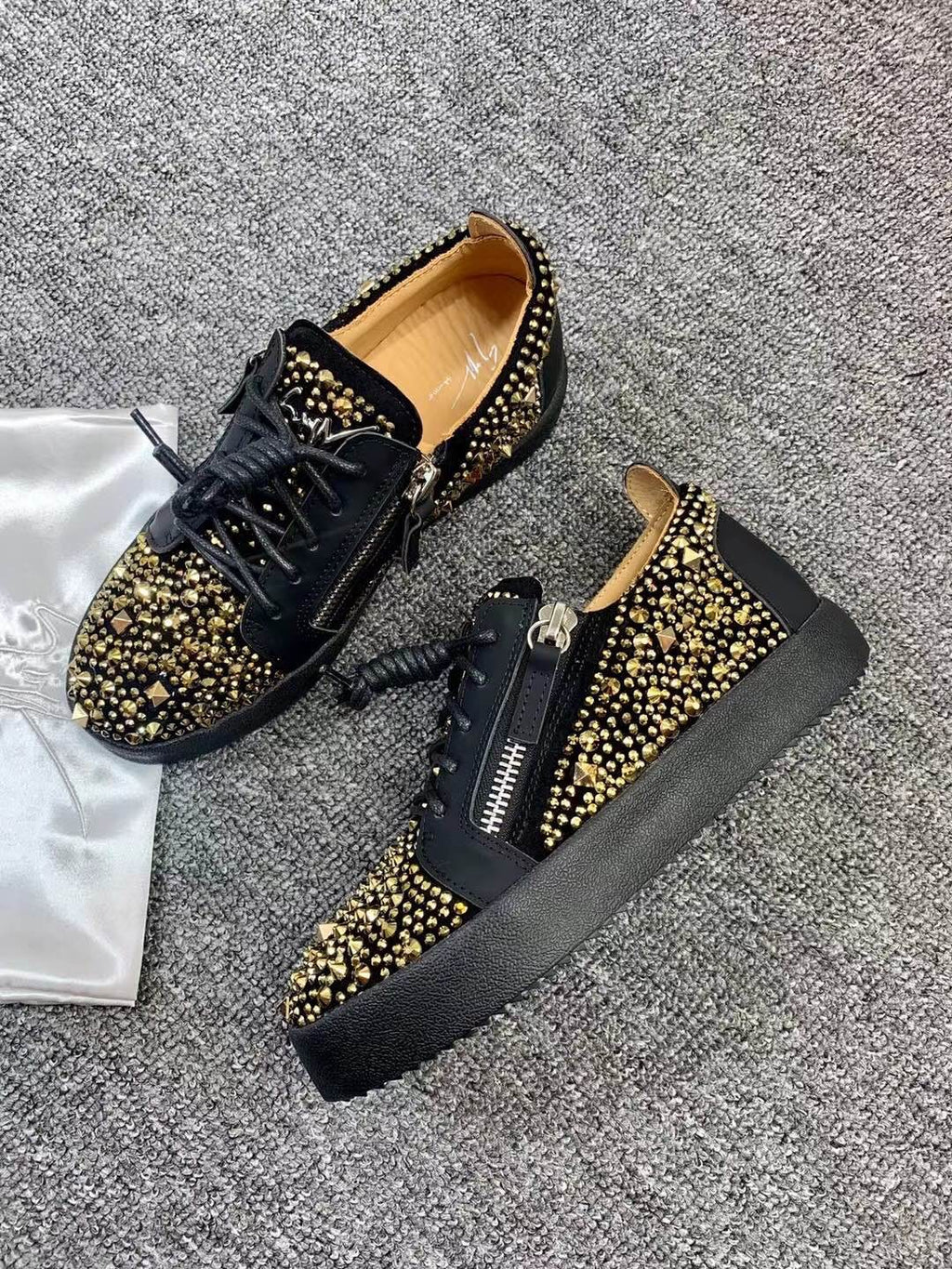 Giuseppe Zanotti Black Gold Stud Sneakers — side