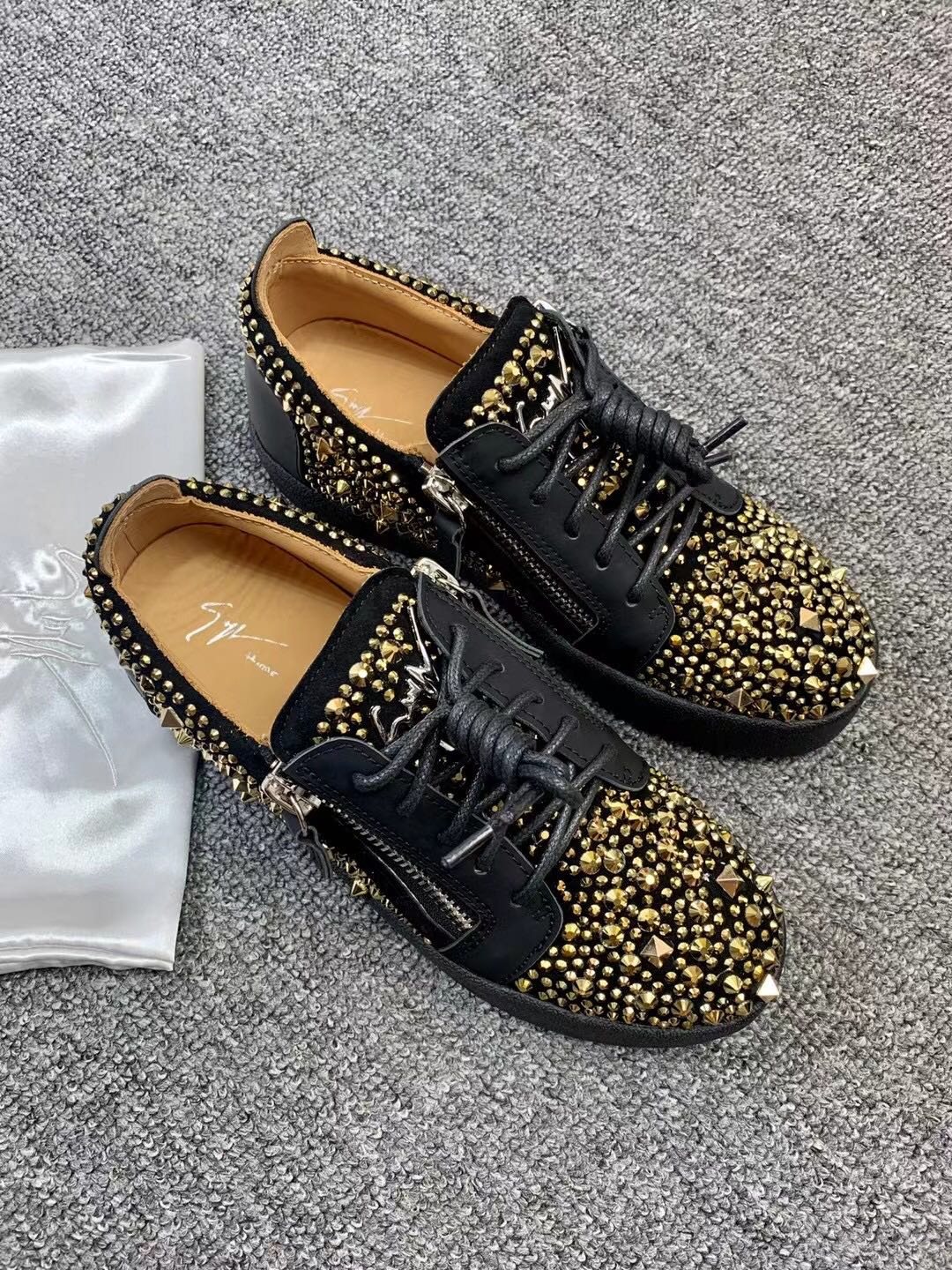 Giuseppe Zanotti Black Gold Stud Sneakers — front