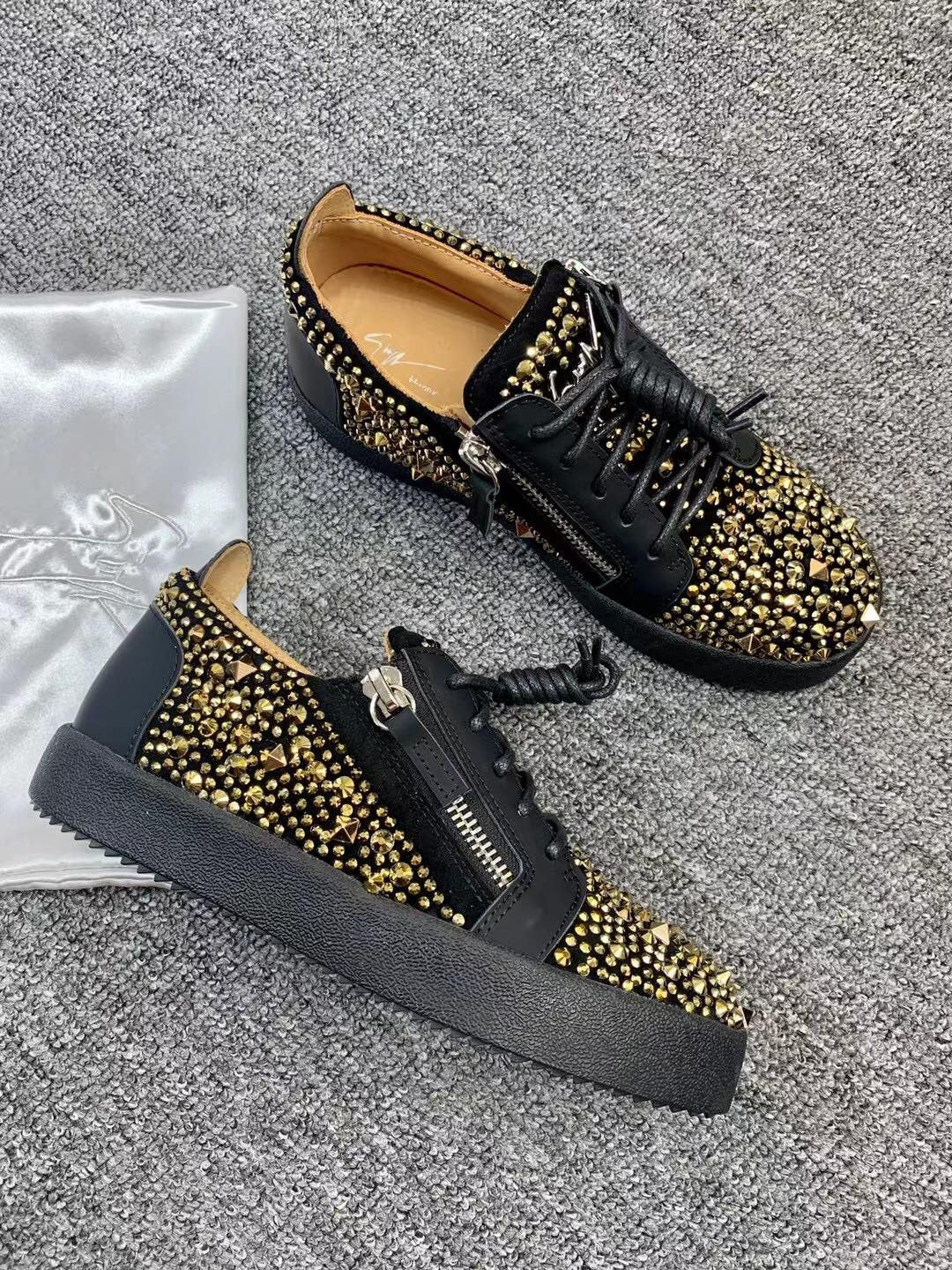 Giuseppe Zanotti Black Gold Stud Sneakers — side