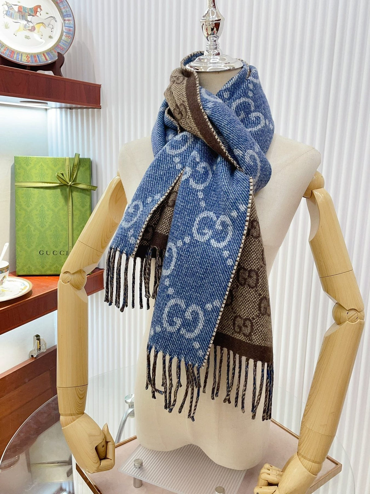 Gucci Reversible Blue and Brown Fringed Scarf — model