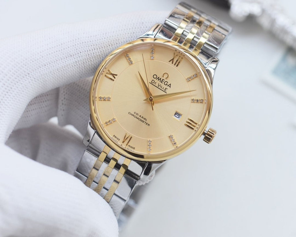 Omega Silver Gold Dial Bracelet Watch — front