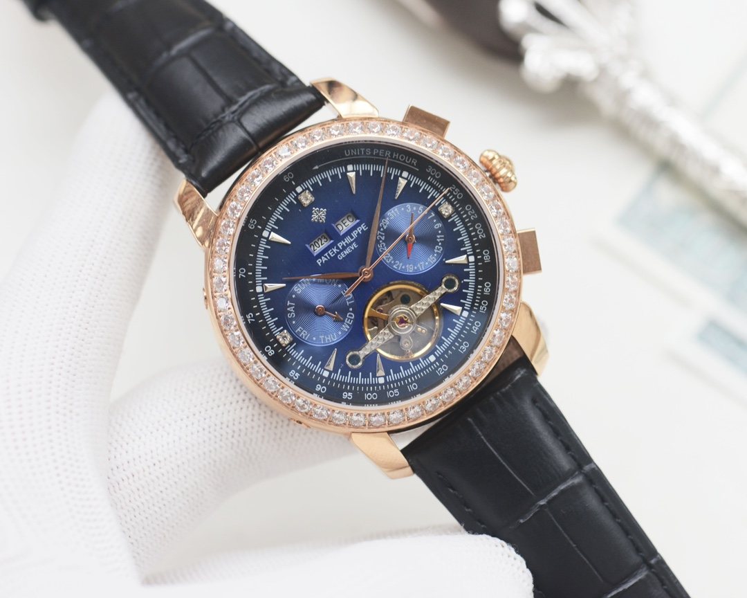 Patek Philippe Rose Gold Black Blue Dial Strap Watch — hero