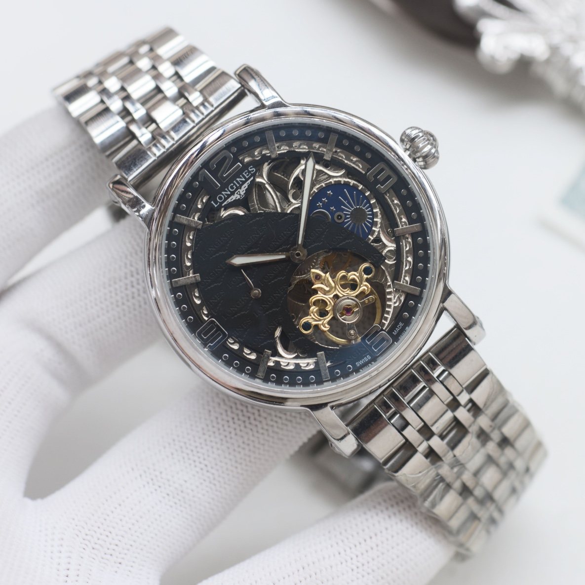 Longines Silver Black Bracelet Watch — hero