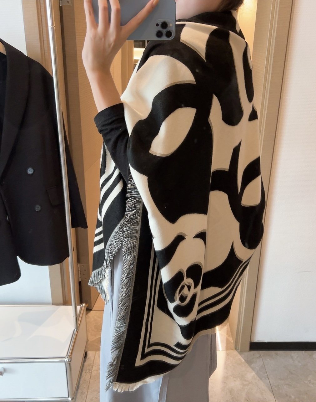Chanel Black & Ivory Floral Scarf — model