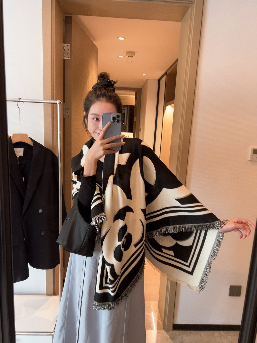 Chanel Black & Ivory Floral Scarf — model