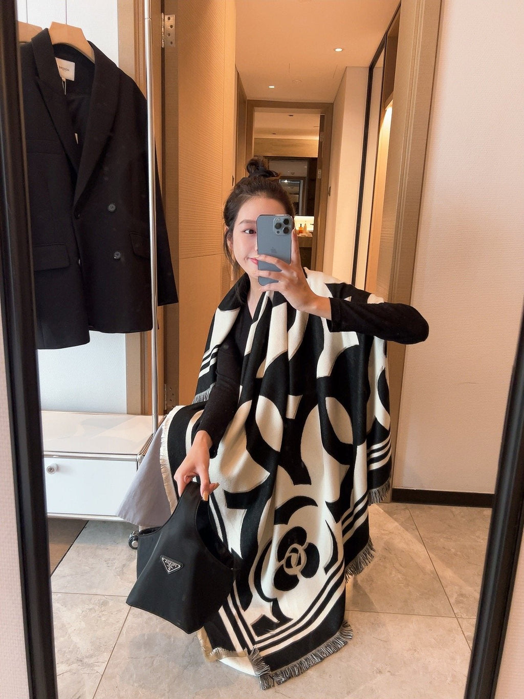 Chanel Black & Ivory Floral Scarf — model