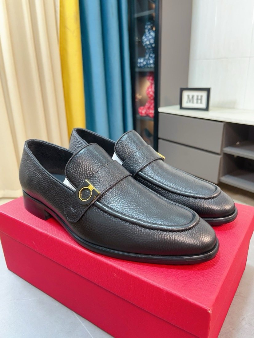 Salvatore Ferragamo Dark Brown Pebble-Textured Loafers — front
