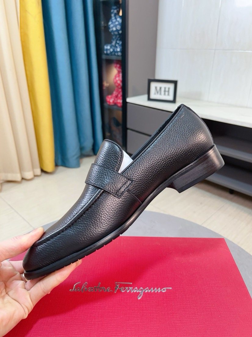Salvatore Ferragamo Dark Brown Pebble-Textured Loafers — side