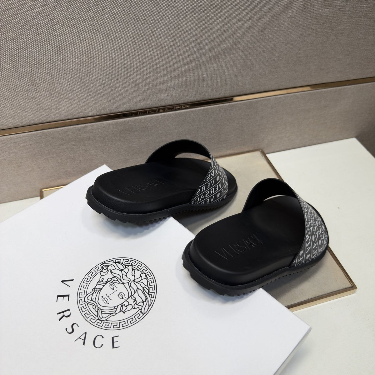 Versace Silver Logo Slide Sandals — back