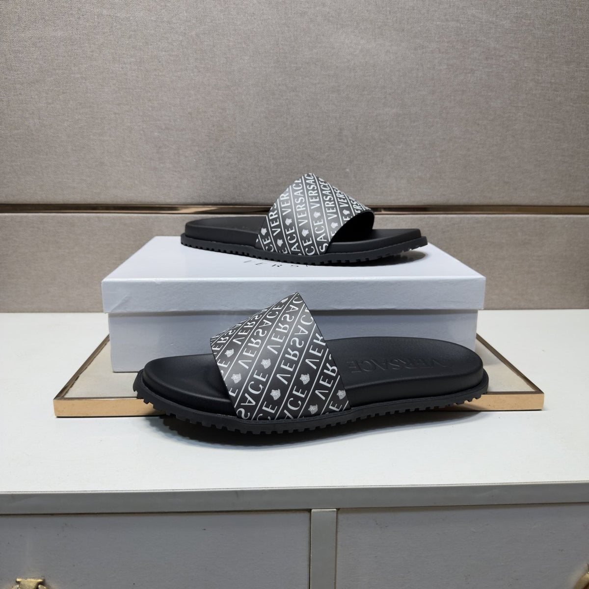 Versace Silver Logo Slide Sandals — hero