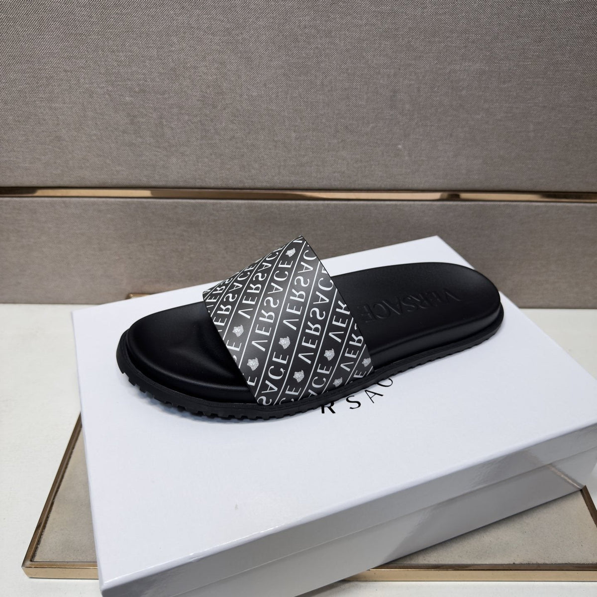 Versace Silver Logo Slide Sandals — detail
