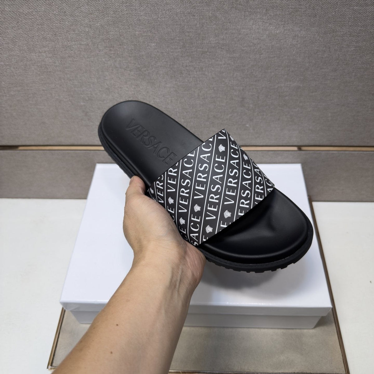 Versace Silver Logo Slide Sandals — model