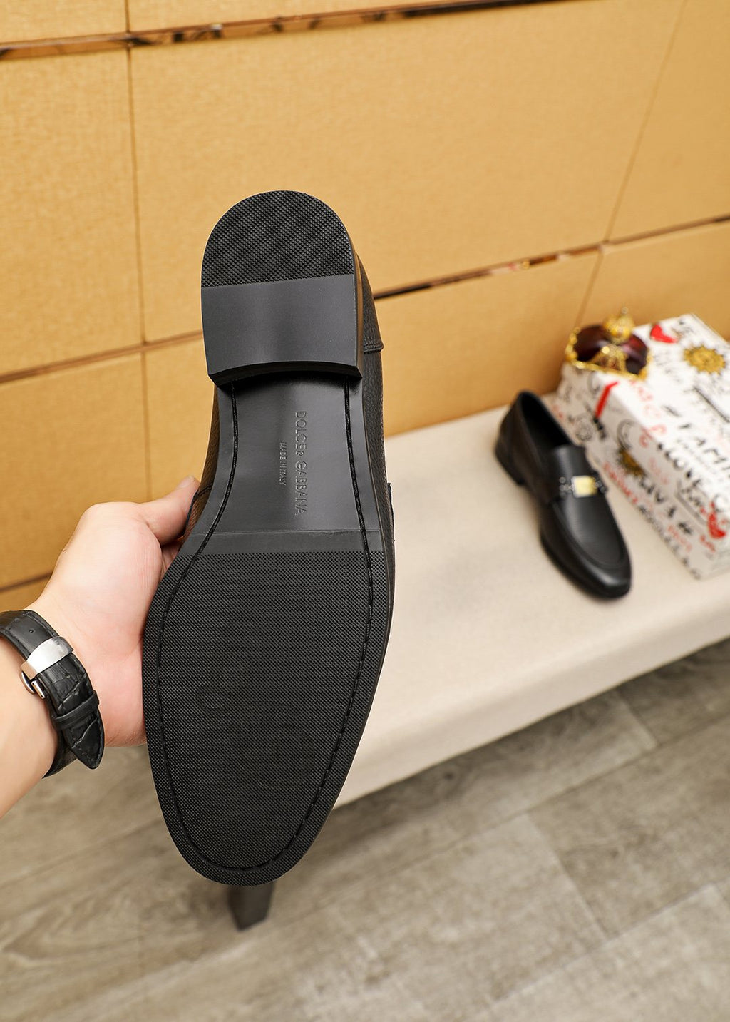 Men’s Black Gold-Tone Buckle Loafers — side