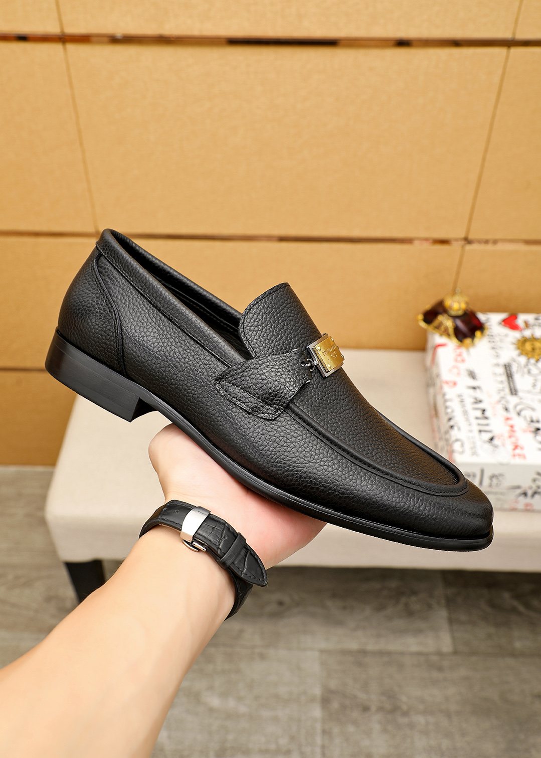 Men’s Black Gold-Tone Buckle Loafers — model