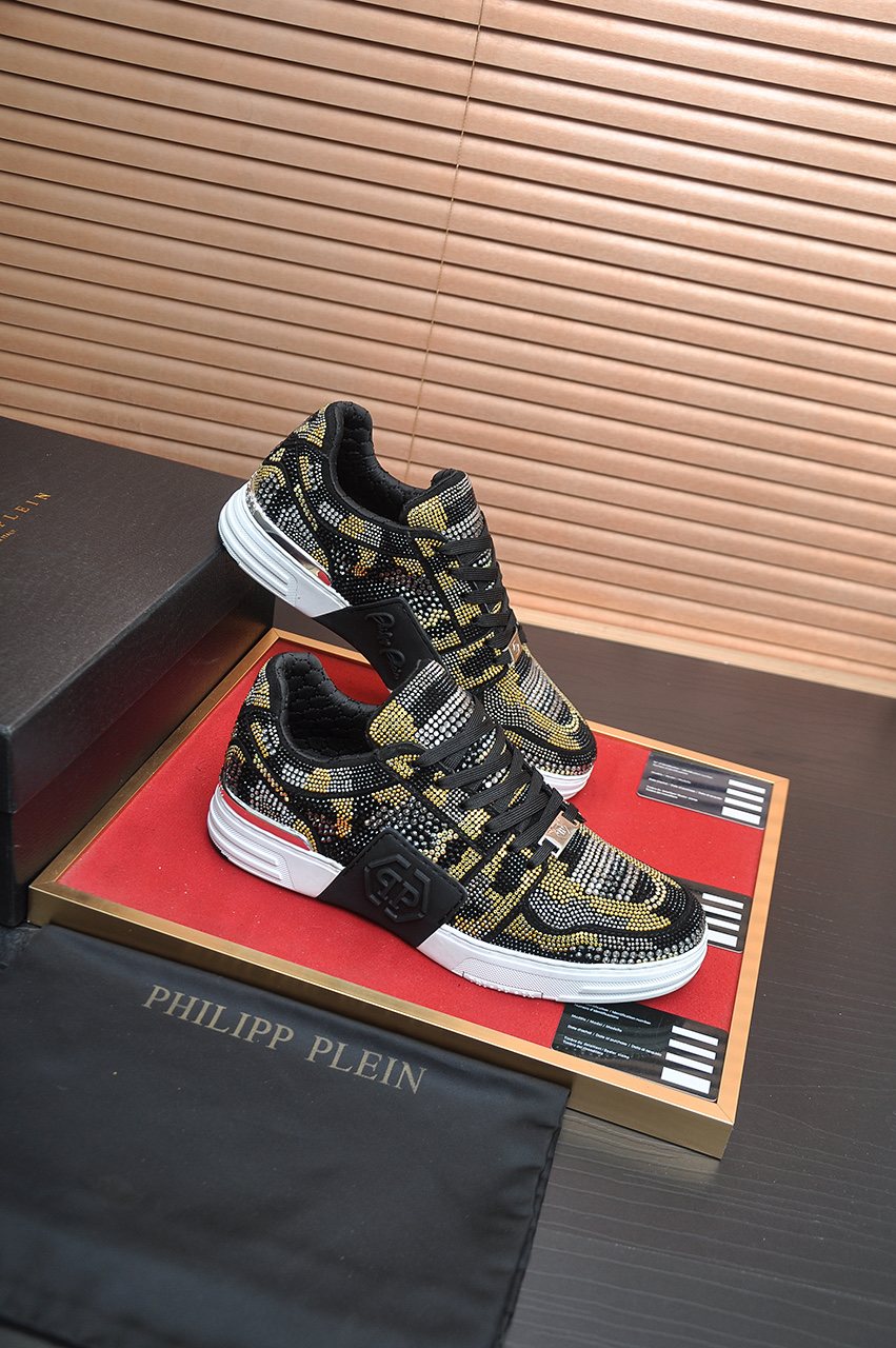 Philipp Plein Black & Gold Patterned Sneakers — side