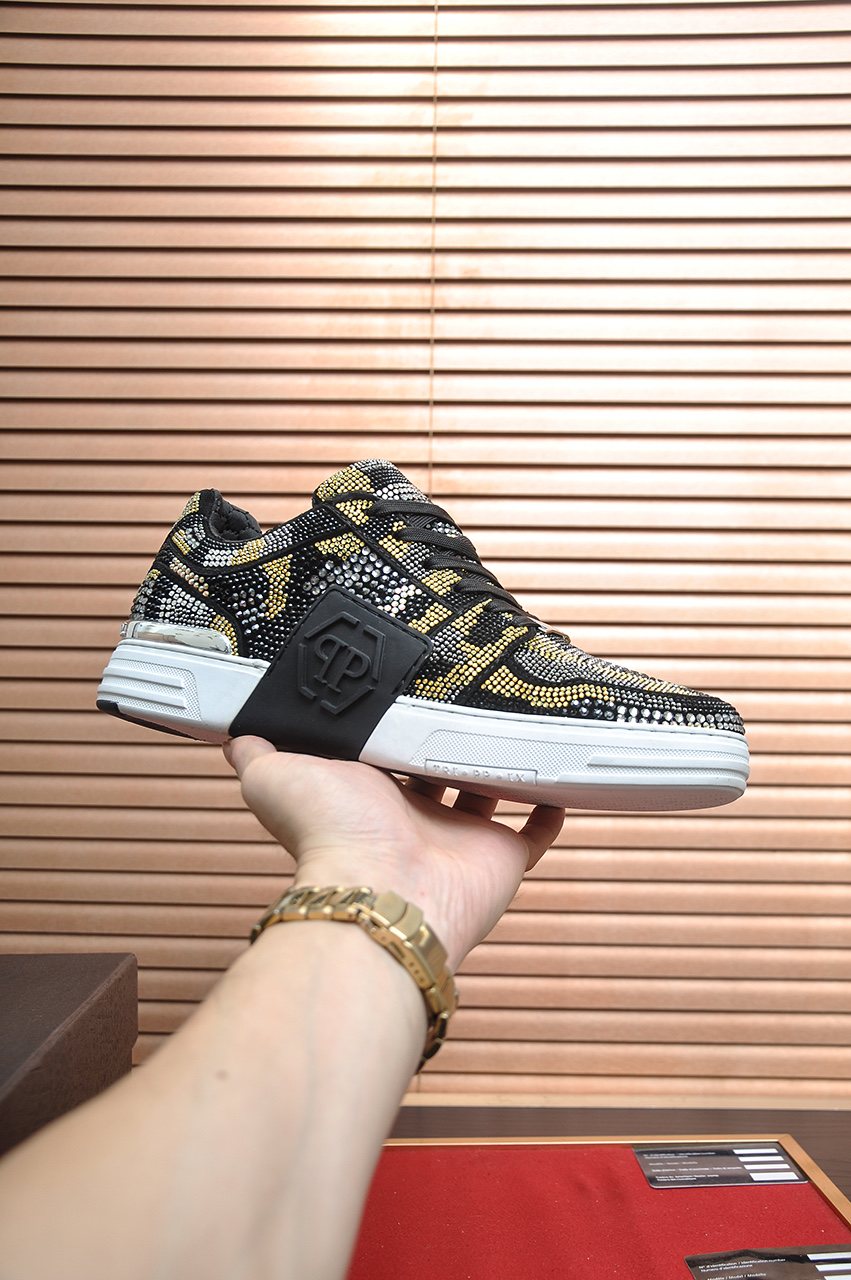 Philipp Plein Black & Gold Patterned Sneakers — front