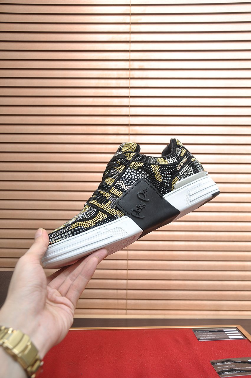 Philipp Plein Black & Gold Patterned Sneakers — side