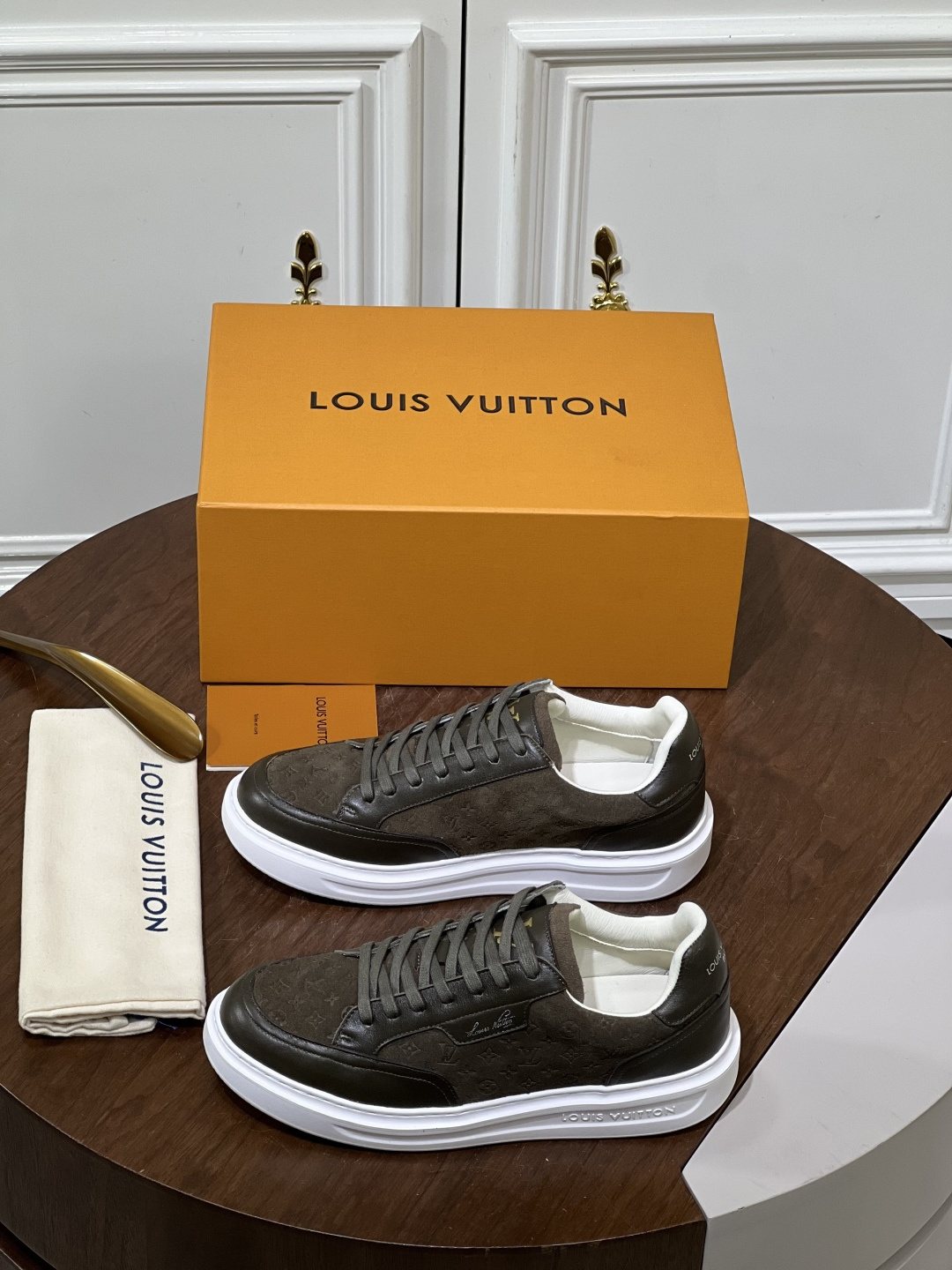 Louis Vuitton Olive Brown Patterned Low-Top Sneakers — front