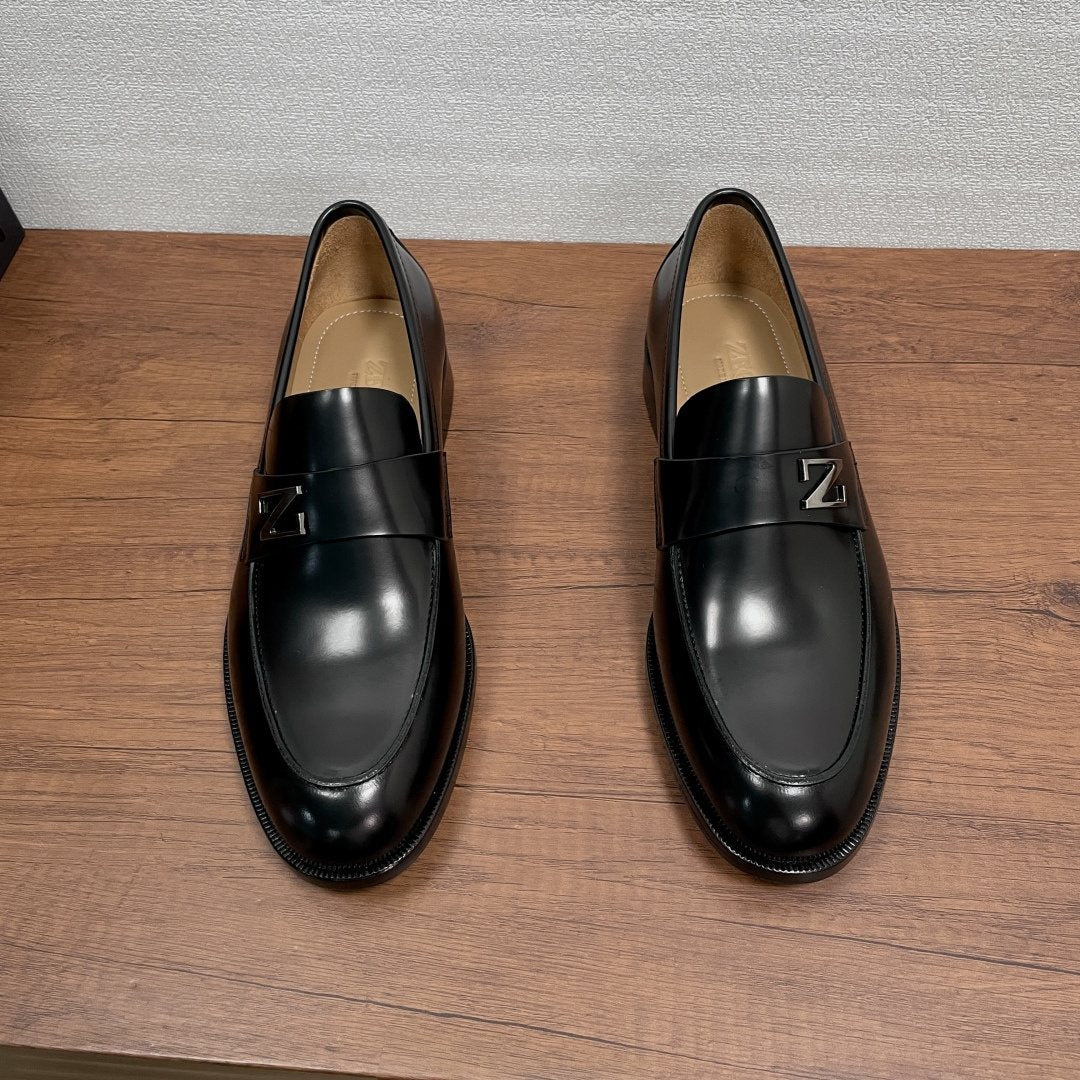 Zegna Black Leather Z-Accent Loafers — front