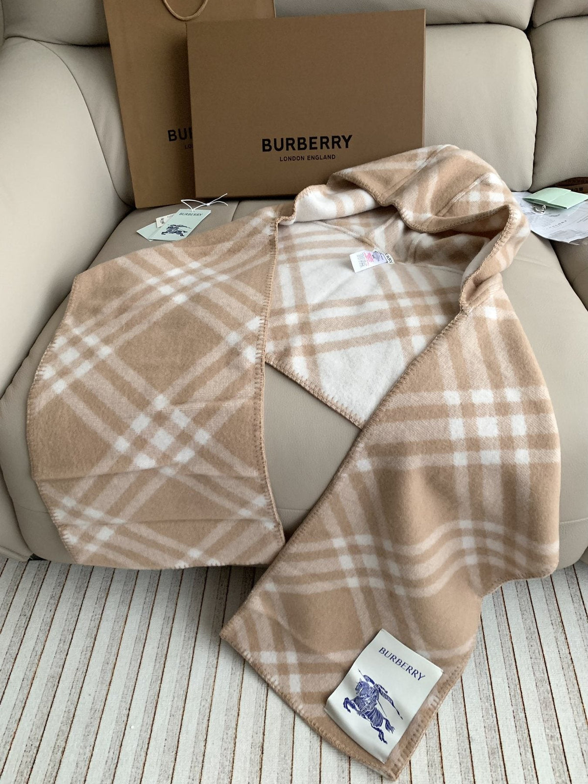 Burberry Beige Plaid Fringe Scarf — side