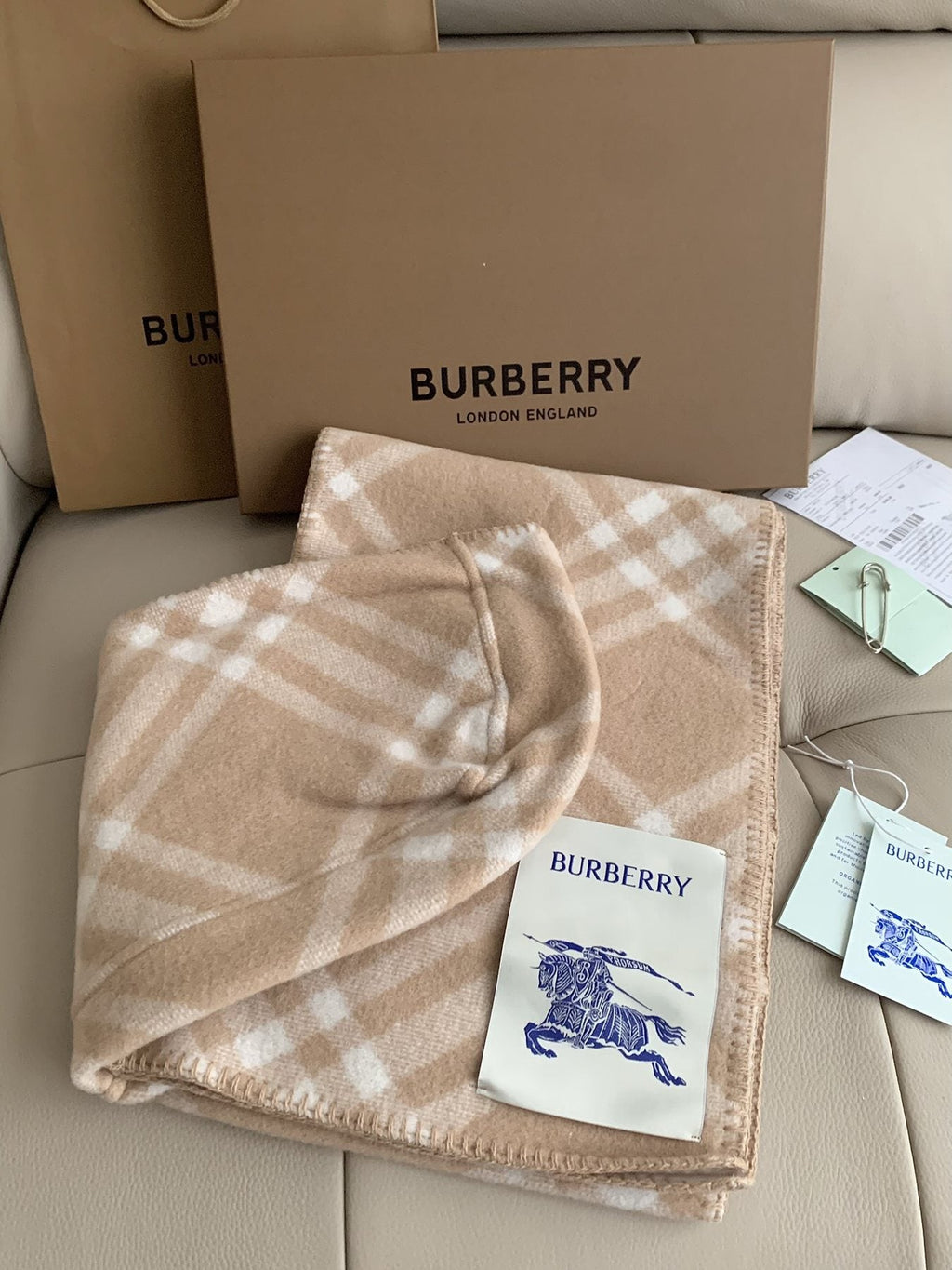 Burberry Beige Plaid Fringe Scarf — front