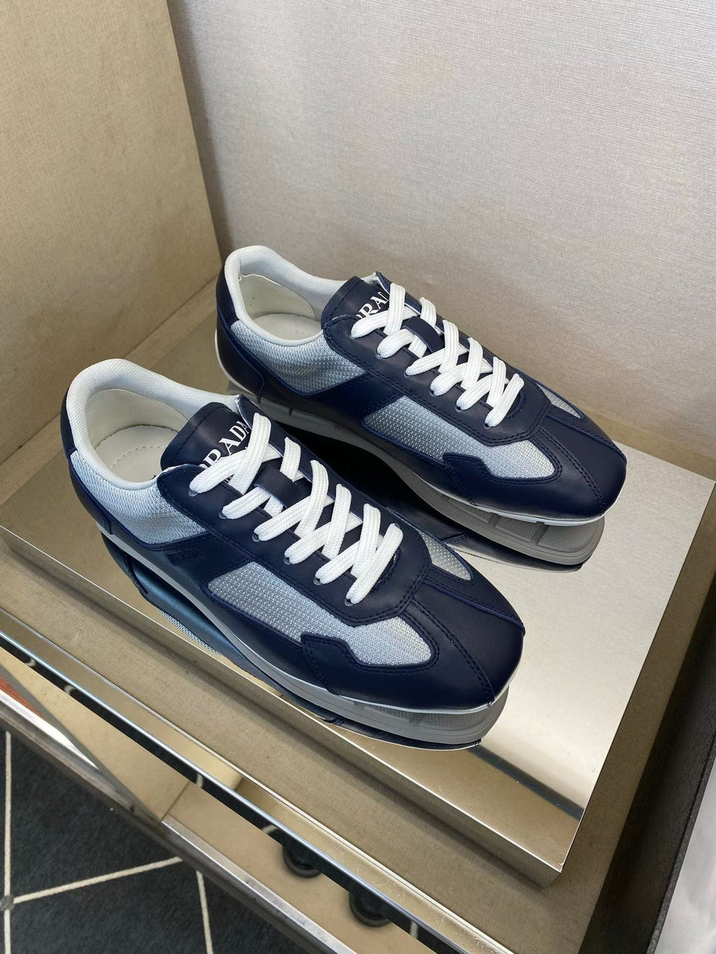 Prada Navy Blue Panel Low-Top Sneakers — front