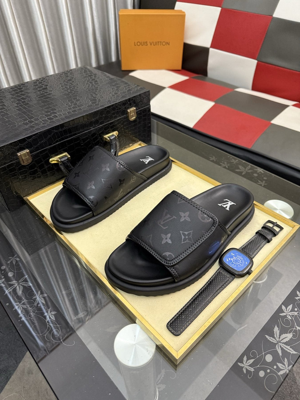 Louis Vuitton Black Monogram Slide Sandals — front