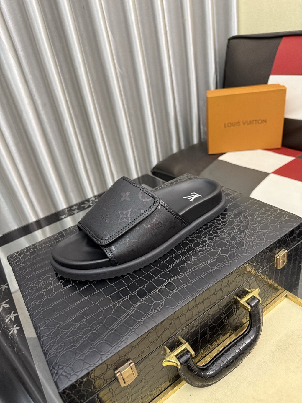 Louis Vuitton Black Monogram Slide Sandals — hero