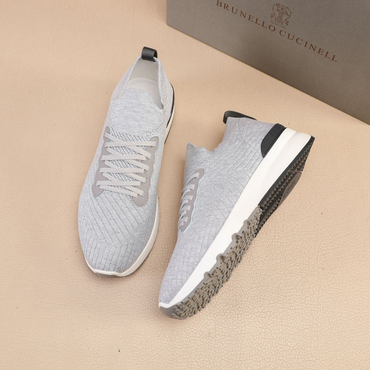 Brunello Cucinelli Light Gray Knit Sneakers — side