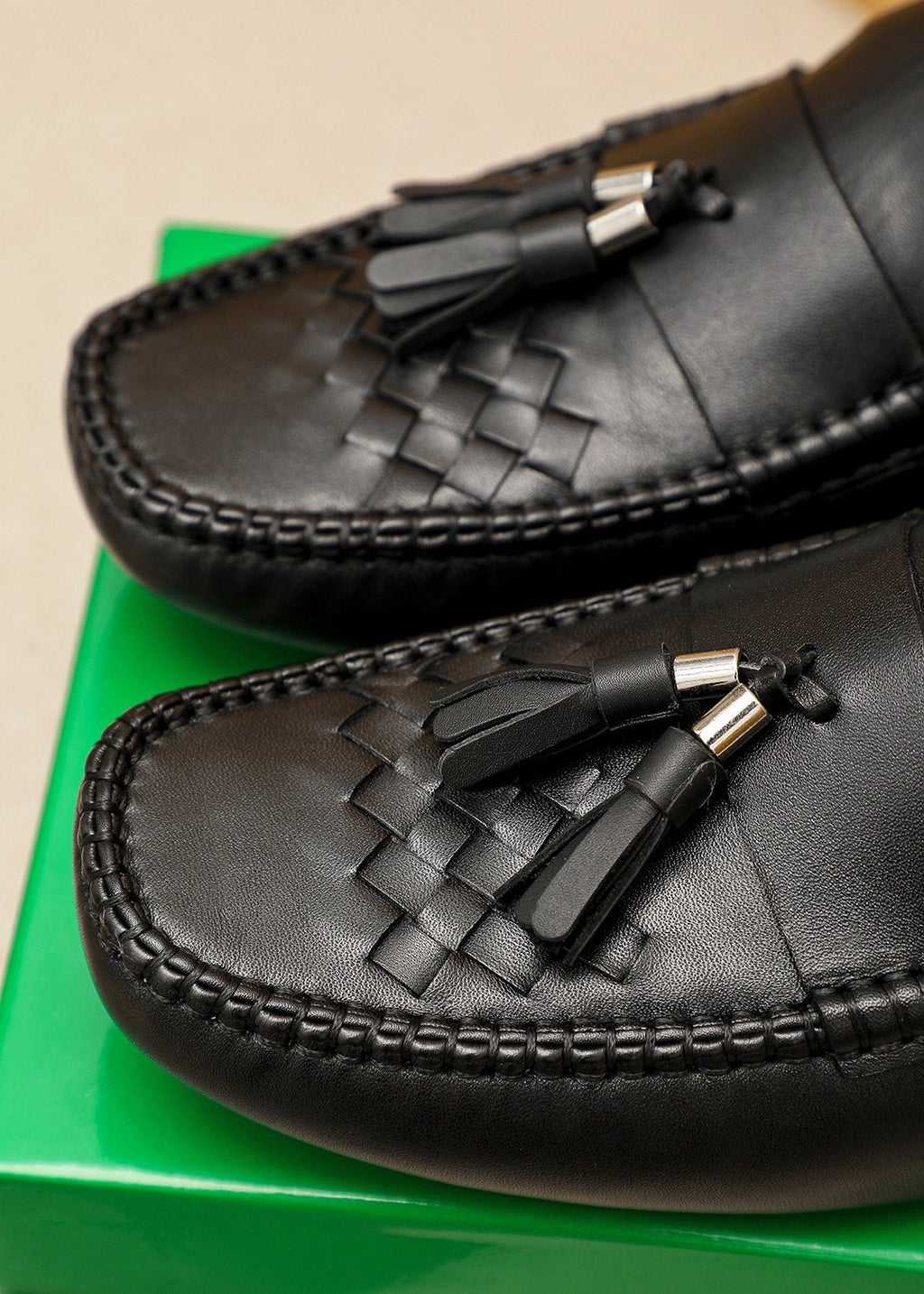 Bottega Veneta Black Tassel Woven Loafers — detail