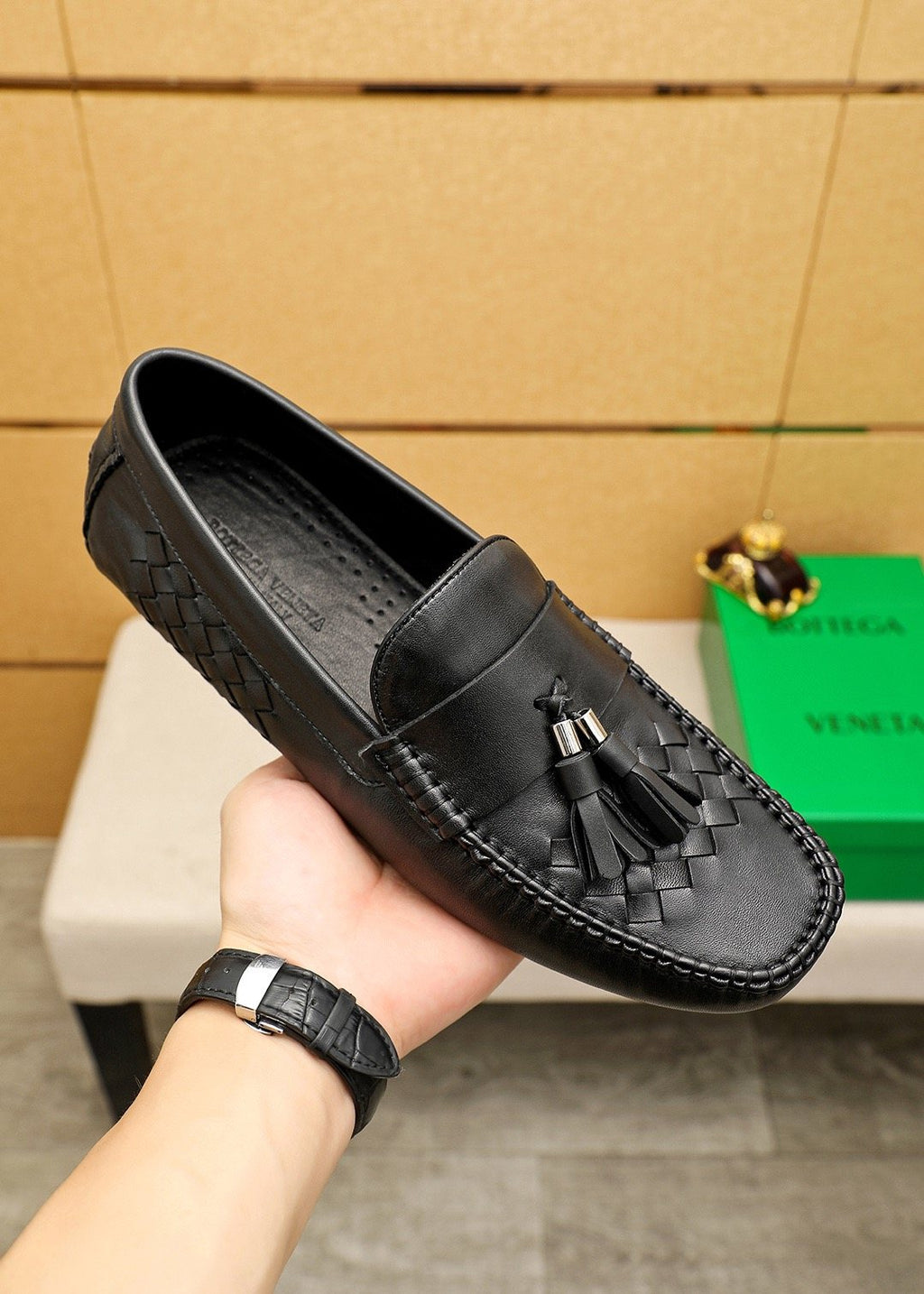 Bottega Veneta Black Tassel Woven Loafers — model