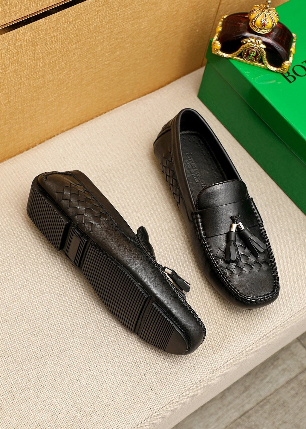 Bottega Veneta Black Tassel Woven Loafers — front