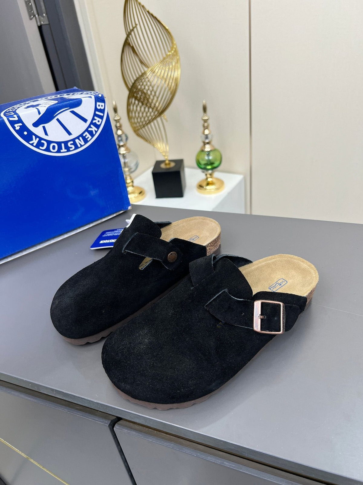 Birkenstock Black Suede Buckle Mule Clogs — side