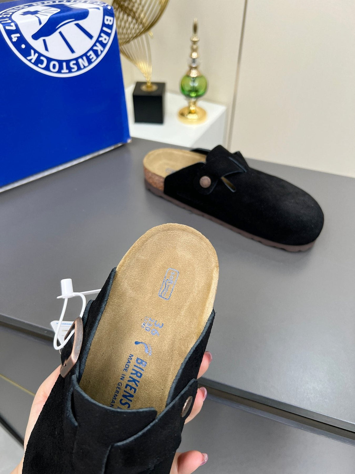 Birkenstock Black Suede Buckle Mule Clogs — detail