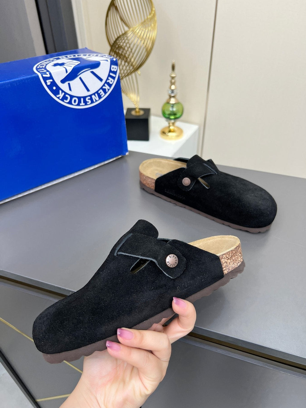 Birkenstock Black Suede Buckle Mule Clogs — side