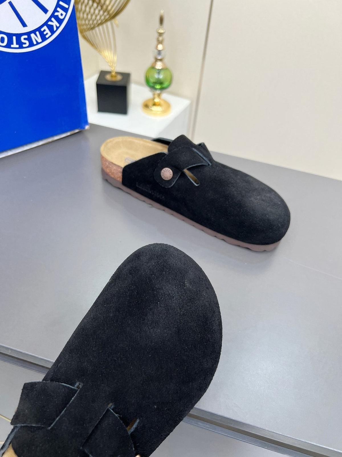Birkenstock Black Suede Buckle Mule Clogs — detail