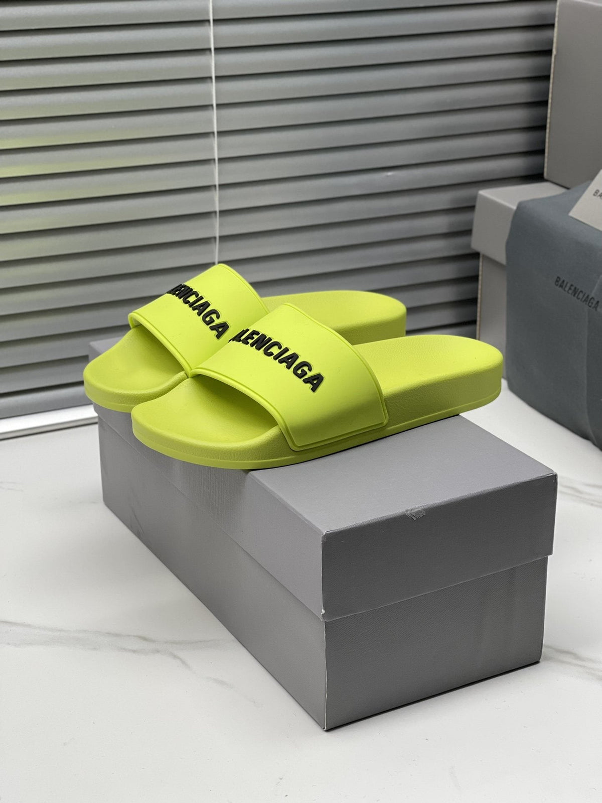 Balenciaga Neon Yellow-Green Slide Sandals — hero