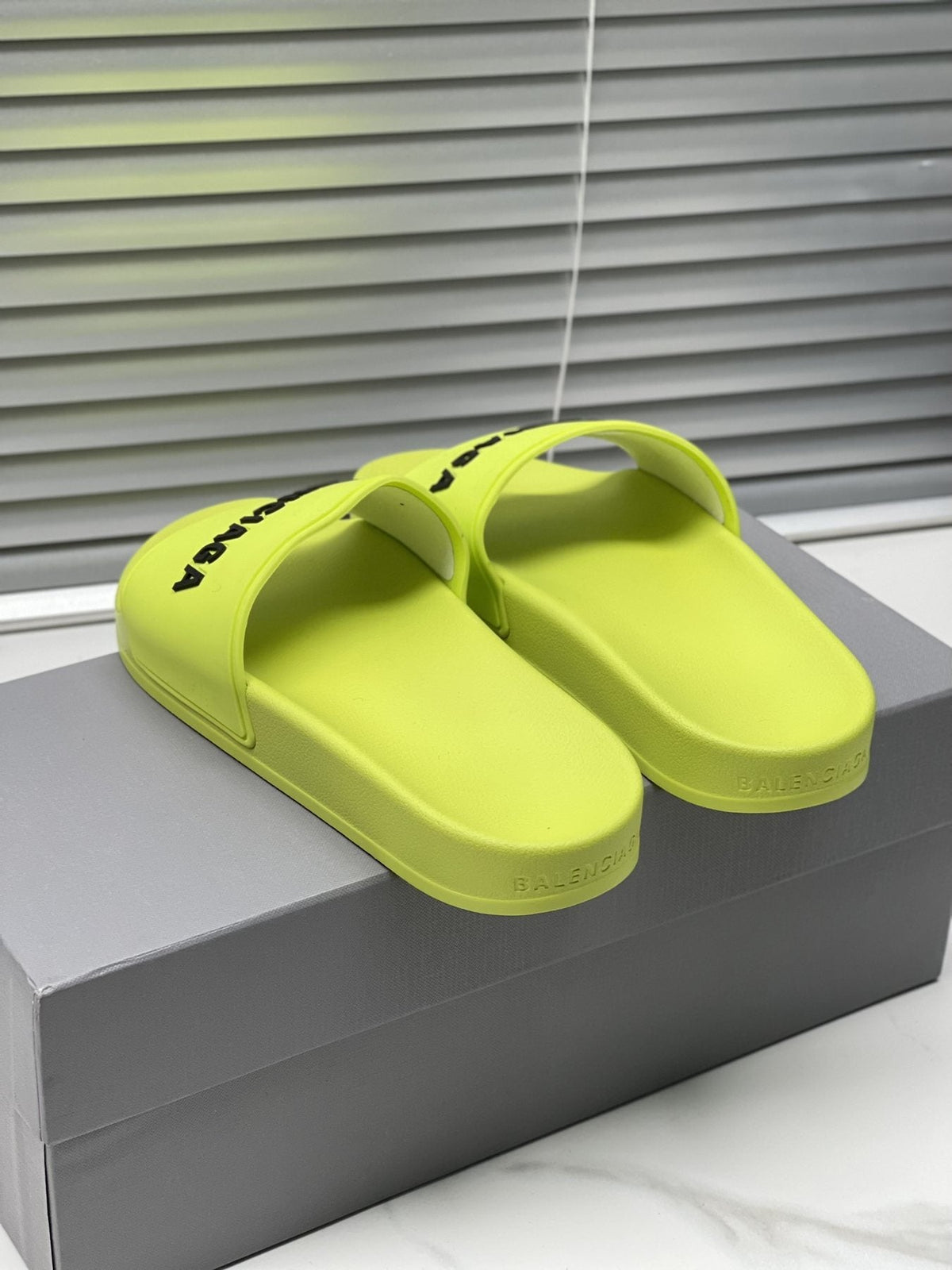 Balenciaga Neon Yellow-Green Slide Sandals — front