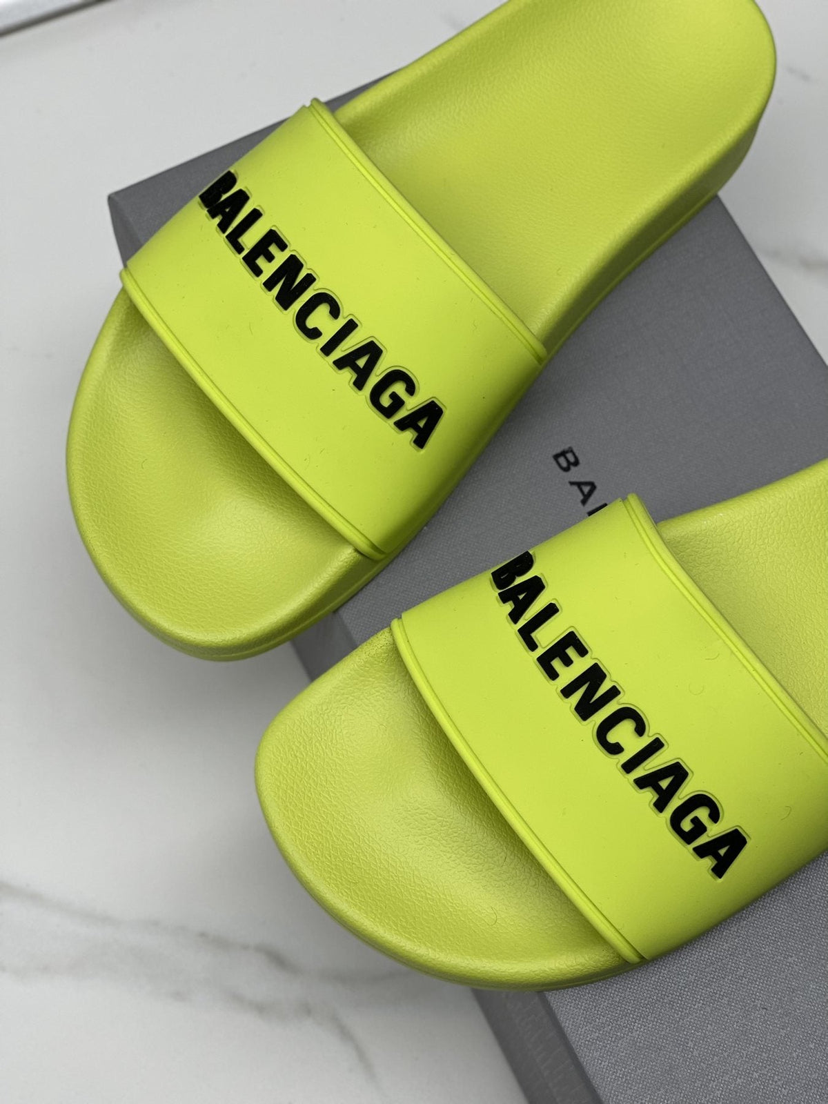 Balenciaga Neon Yellow-Green Slide Sandals — detail