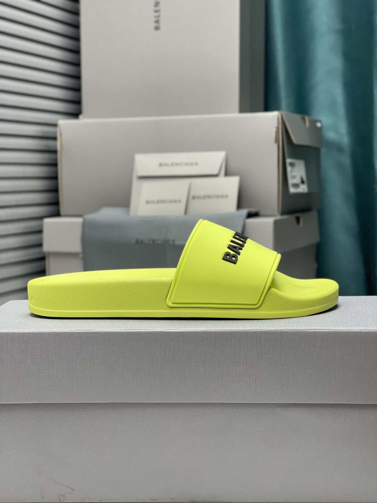 Balenciaga Neon Yellow-Green Slide Sandals — side
