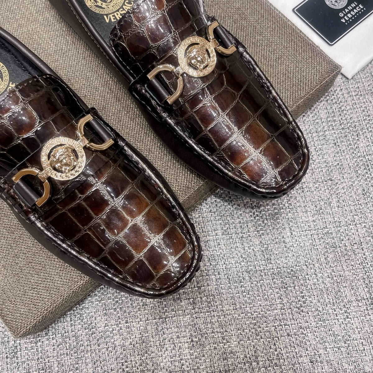 Versace Dark Brown Croc-Embossed Loafers — detail