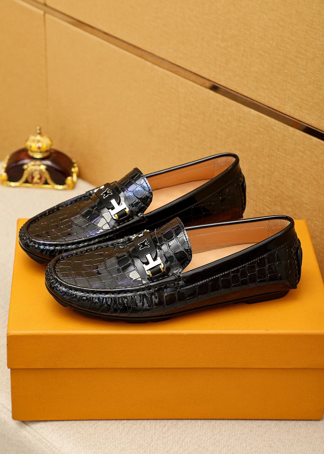 Louis Vuitton Black Embossed Loafers — front