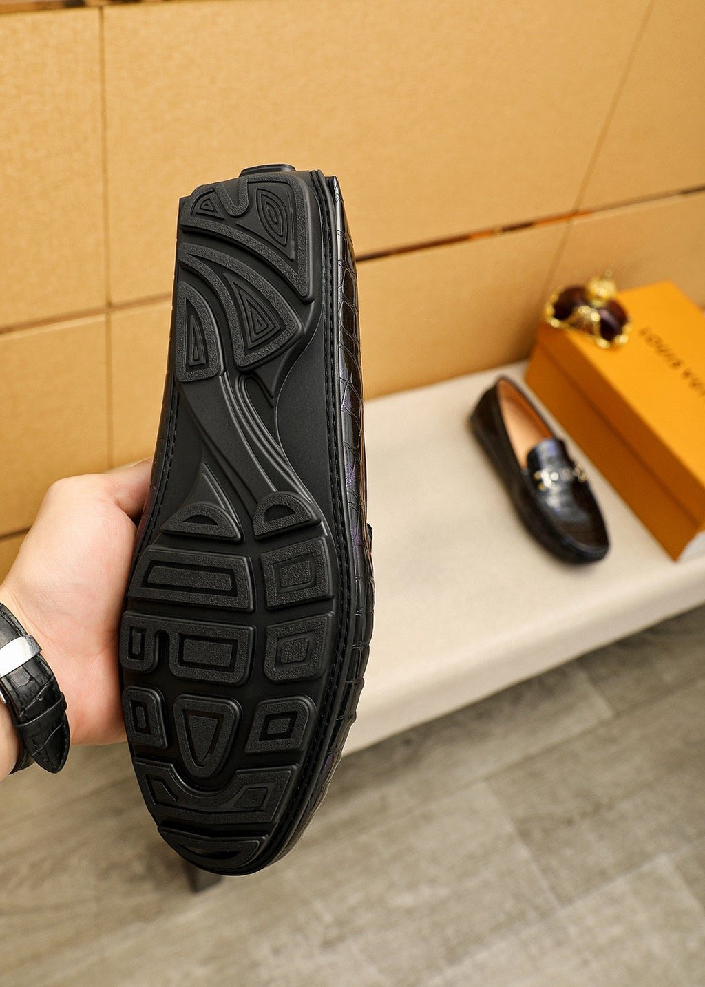 Louis Vuitton Black Embossed Loafers — detail