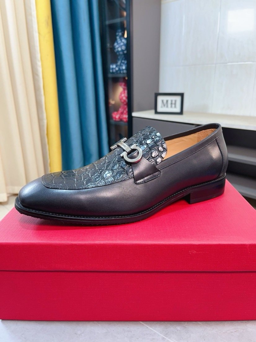 Ferragamo Black Embossed Buckle Dress Shoes — front