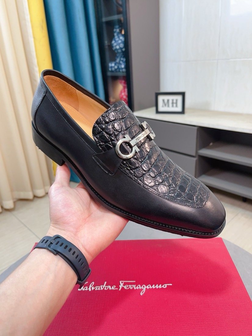 Ferragamo Black Embossed Buckle Dress Shoes — side