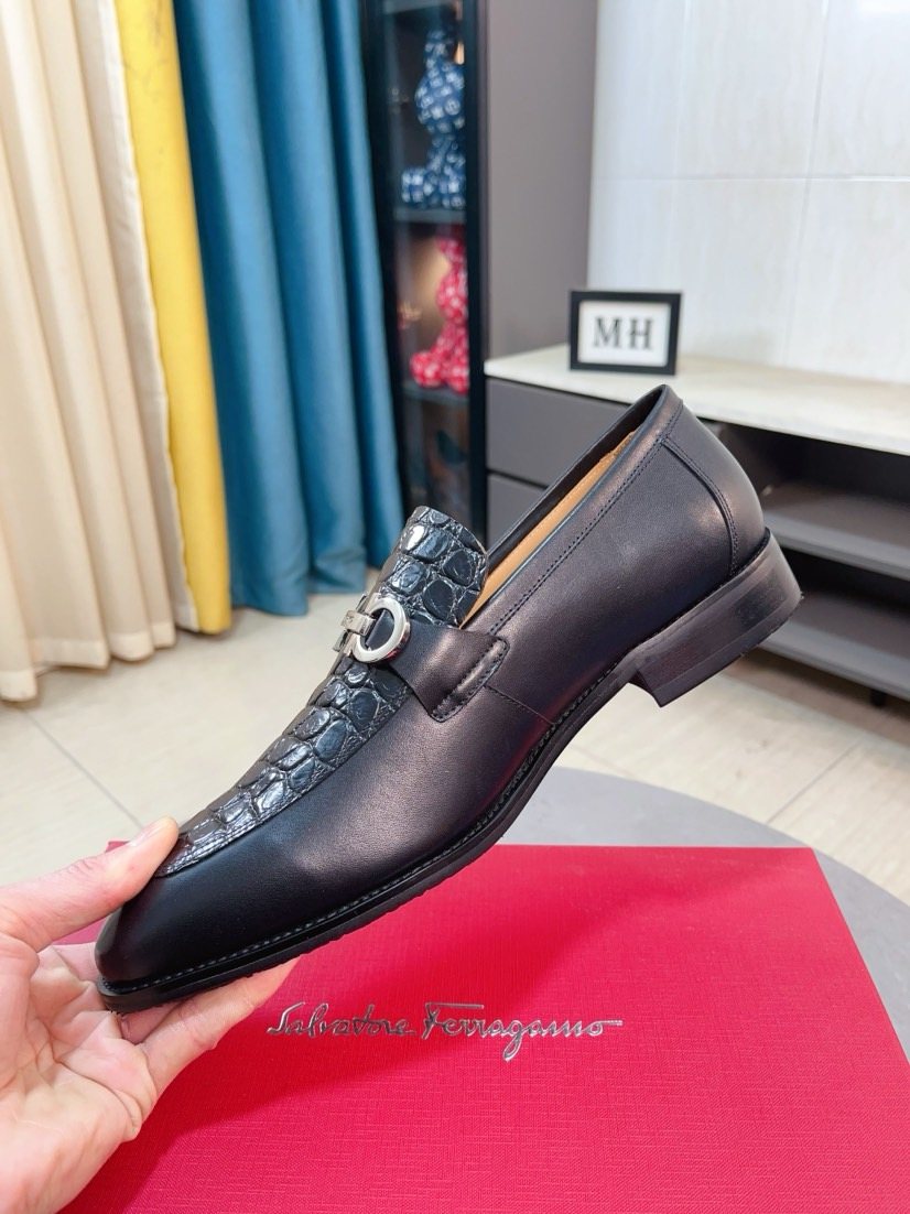 Ferragamo Black Embossed Buckle Dress Shoes — side