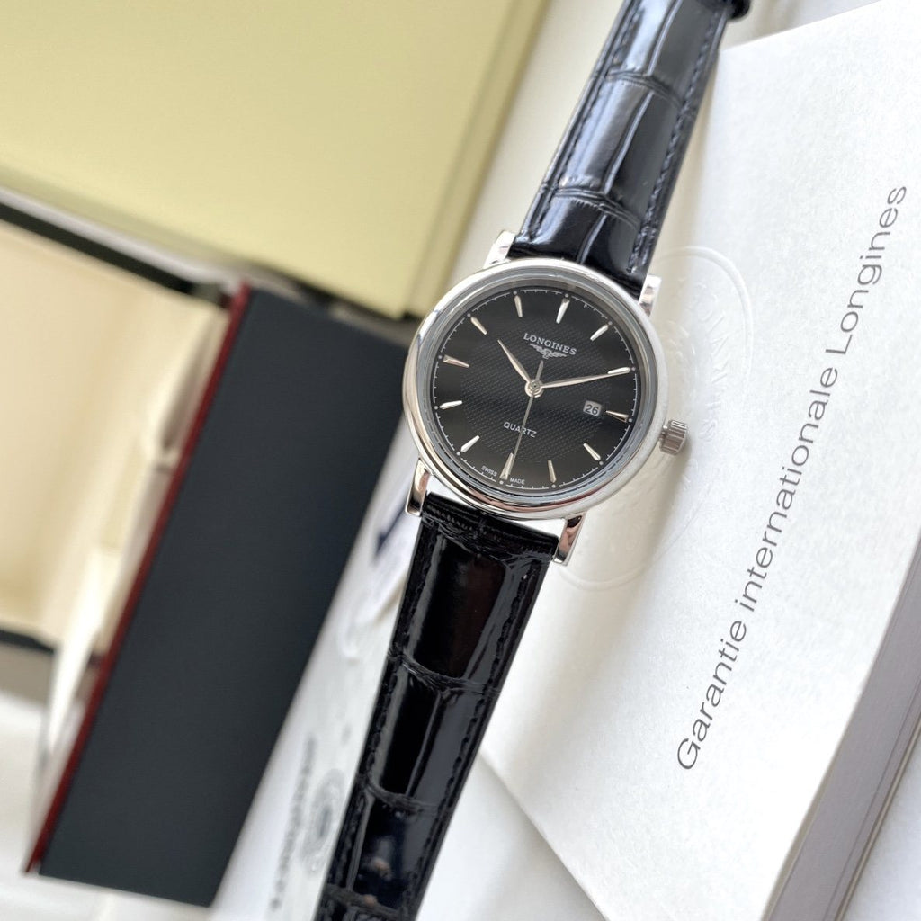 Longines Silver Black White Dial Strap Couple Watch Set — front