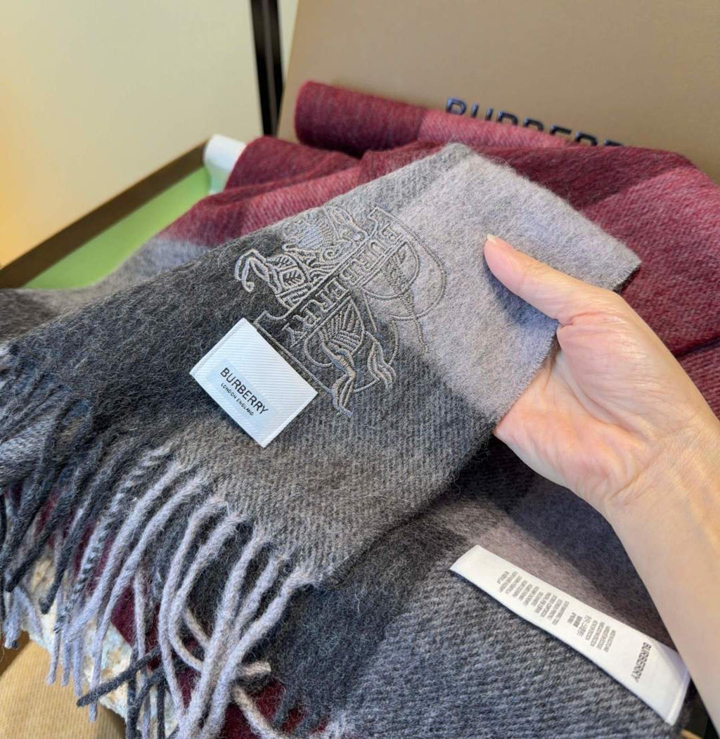 Burberry Burgundy Plaid Fringed Scarf — detail