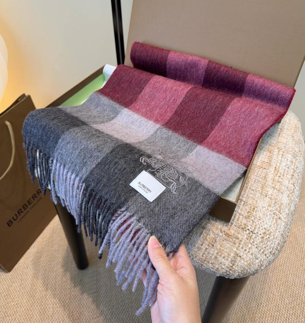 Burberry Burgundy Plaid Fringed Scarf — front
