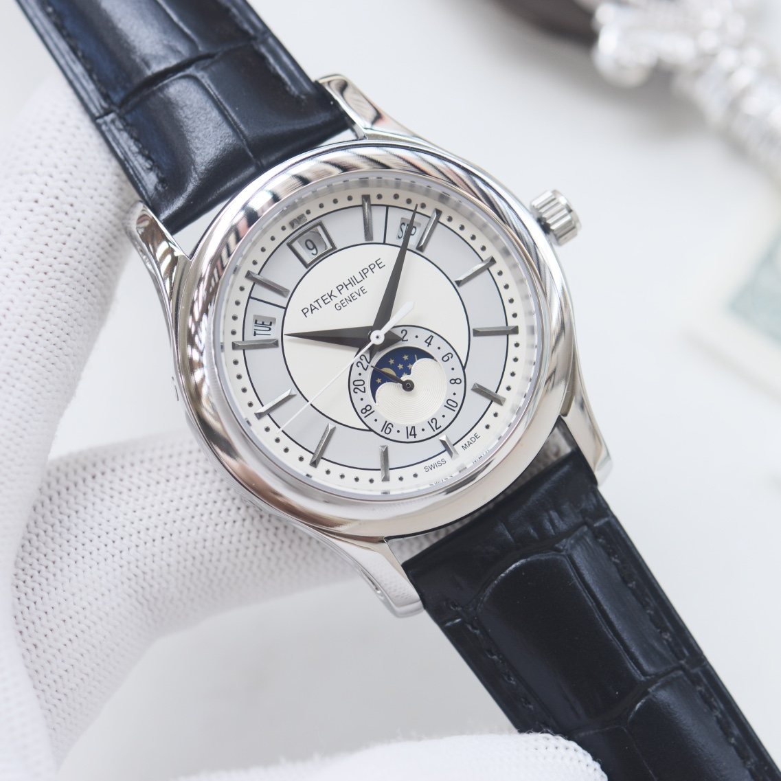 Patek Philippe Silver Black White Dial Leather Strap Watch — hero